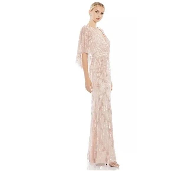 Mac Duggal Blush Pink Embellished Cap Sleeve Faux Wrap Trumpet Gown Dress 14 - Picture 3 of 13